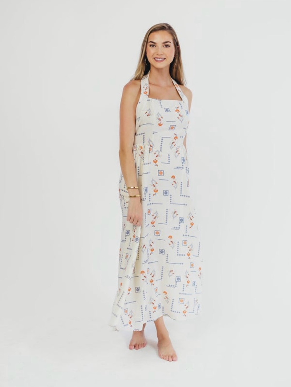 Cream Halter Midi Dress with Blue Geometric and Orange Floral Accents